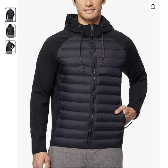 32 Degrees Heat Sz M Men's Mixed Media Full Zip Jacket Puffer W Hood Black Sz M - Picture 1 of 12